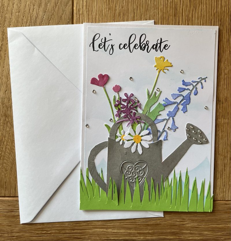 Birthday card: flower filled watering can