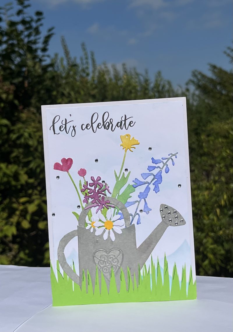 Birthday card: flower filled watering can