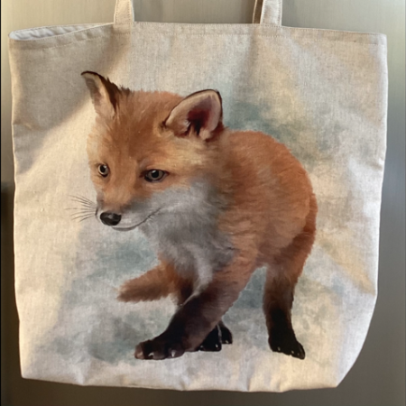 Large Beige Lined Fabric Tote/Shopping Bag featuring Super Cute Fox Cub Print