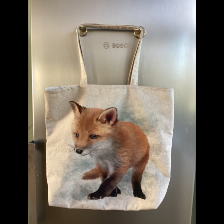 Large Beige Lined Fabric Tote/Shopping Bag featuring Super Cute Fox Cub Print