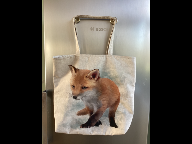 Large Beige Lined Fabric Tote/Shopping Bag featuring Super Cute Fox Cub Print