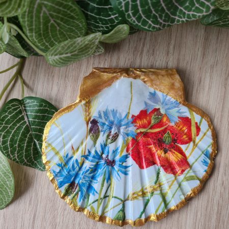 Scallop shell trinket dish poppy and cornflower design gold edges