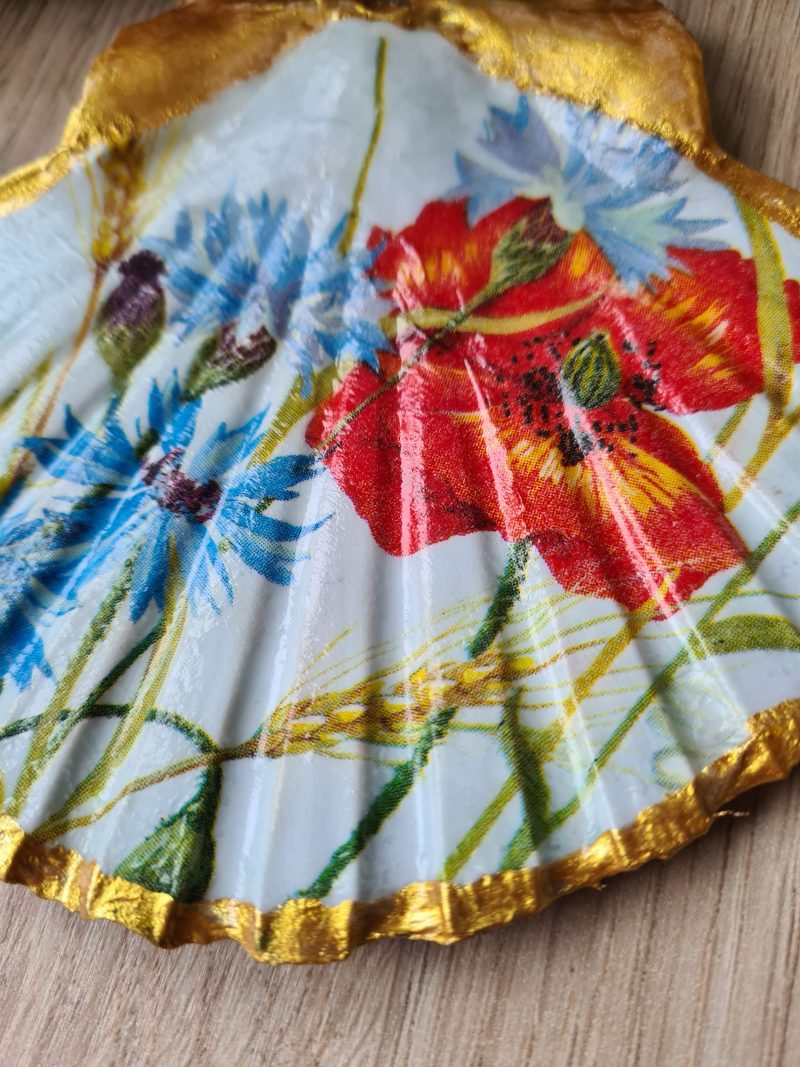 Scallop shell trinket dish poppy and cornflower design gold edges