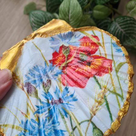 Scallop shell trinket dish poppy and cornflower design gold edges