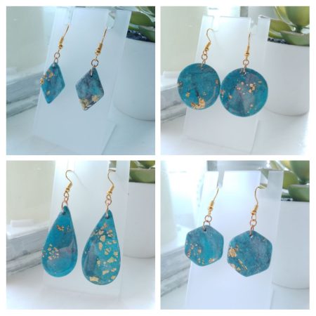 Handmade clay dangle drop turquoise blue marble effect earrings with gold leaf detail (Copy)