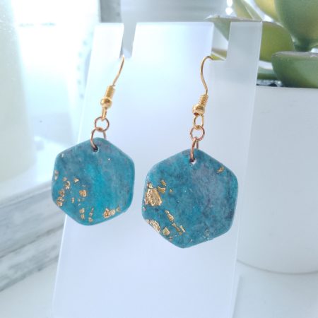 Handmade clay dangle drop turquoise blue marble effect earrings with gold leaf detail (Copy)