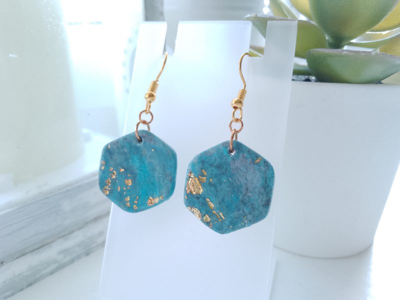 Handmade clay dangle drop turquoise blue marble effect earrings with gold leaf detail (Copy)