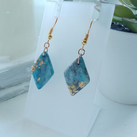 Handmade clay dangle drop turquoise blue marble effect earrings with gold leaf detail (Copy)