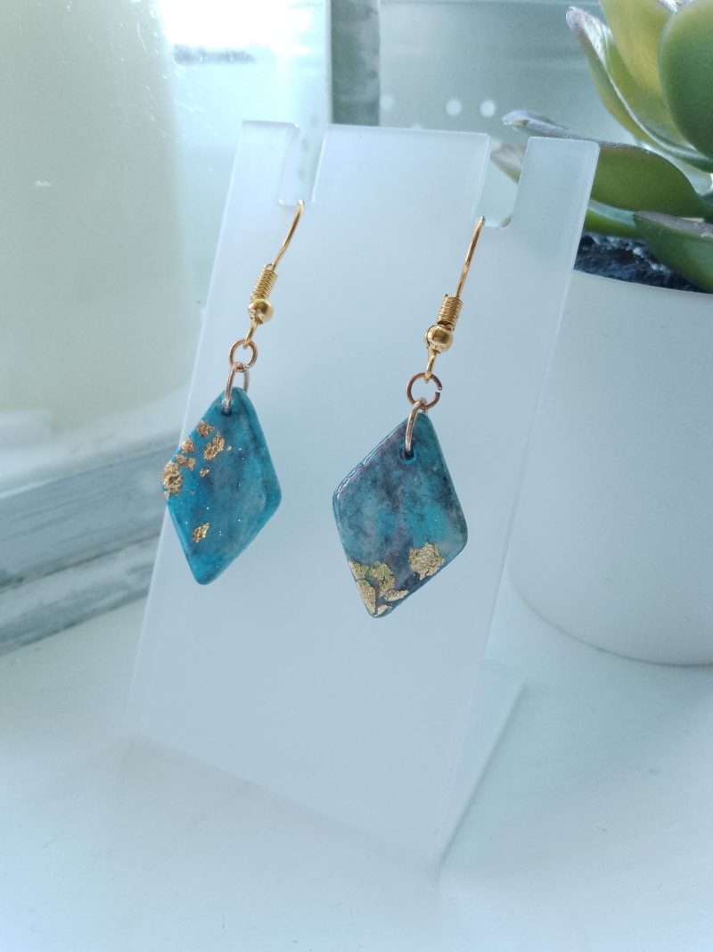 Handmade clay dangle drop turquoise blue marble effect earrings with gold leaf detail (Copy)