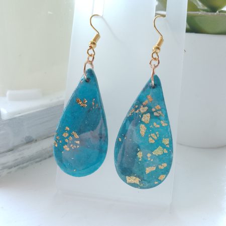 Handmade clay dangle drop turquoise blue marble effect earrings with gold leaf detail (Copy)