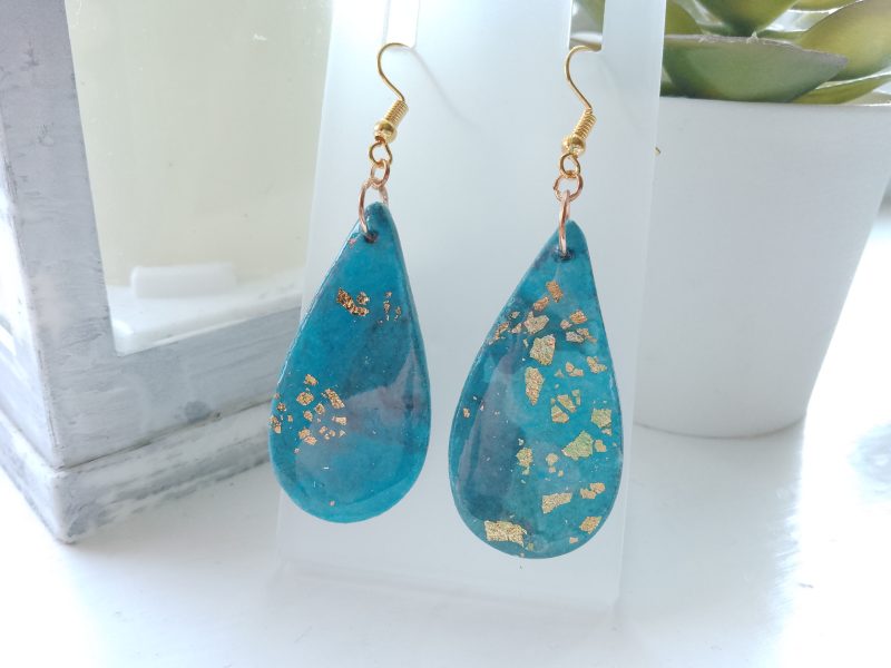 Handmade clay dangle drop turquoise blue marble effect earrings with gold leaf detail (Copy)
