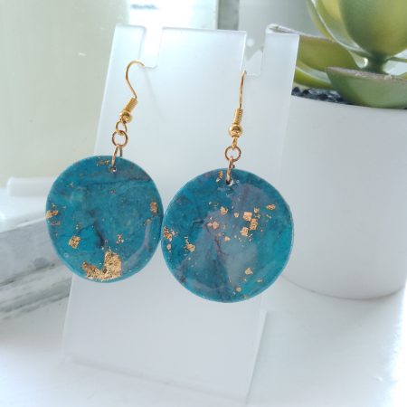 Handmade clay dangle drop turquoise blue marble effect earrings with gold leaf detail (Copy)