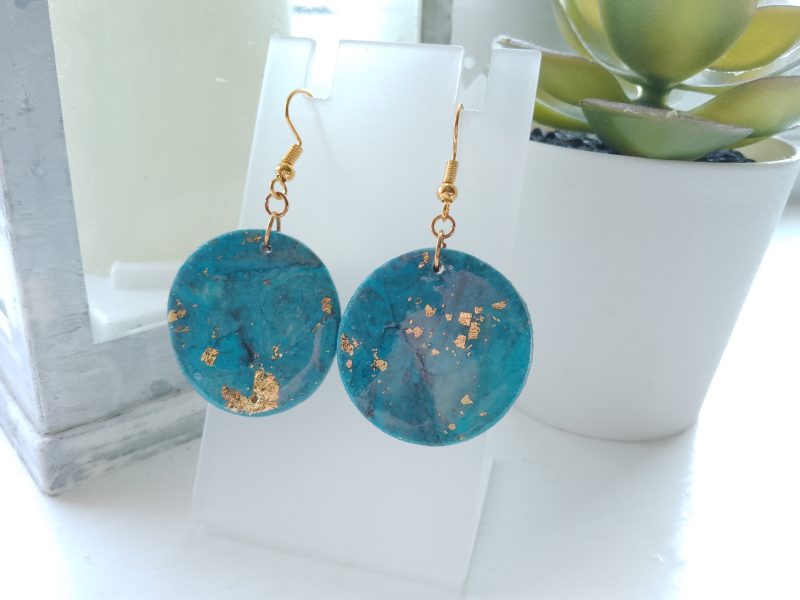 Handmade clay dangle drop turquoise blue marble effect earrings with gold leaf detail (Copy)