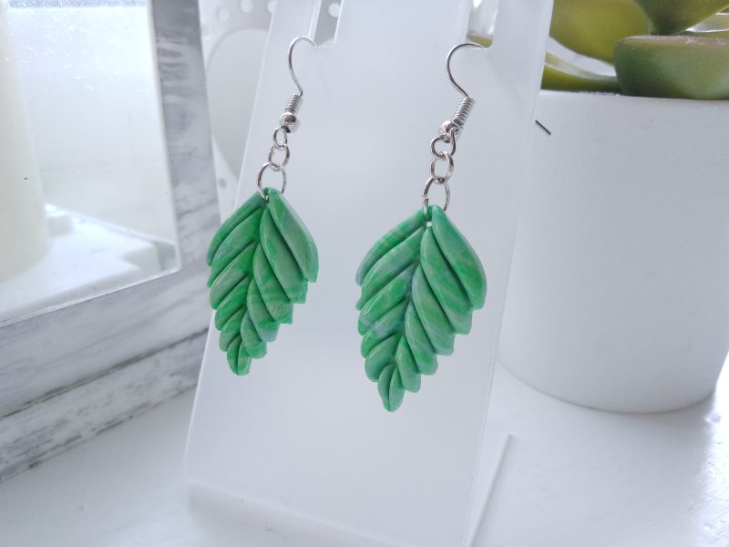 Handmade polymer clay dangle drop leaf earrings