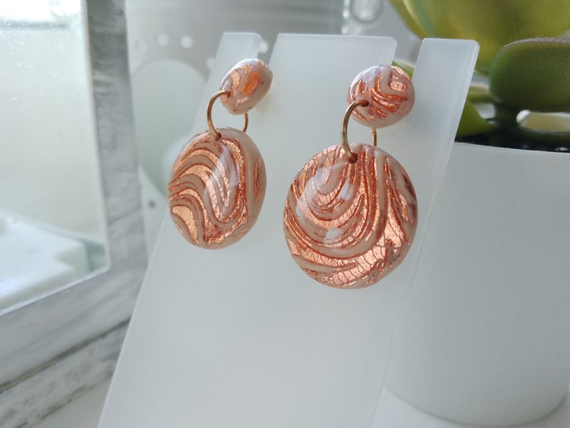 Handmade nude and rose gold swirl polymer clay dangle drop earrings