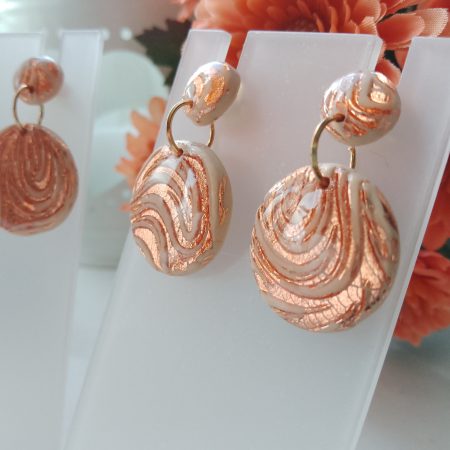 Handmade nude and rose gold swirl polymer clay dangle drop earrings