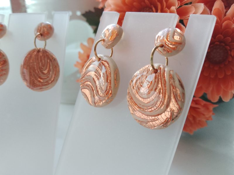 Handmade nude and rose gold swirl polymer clay dangle drop earrings