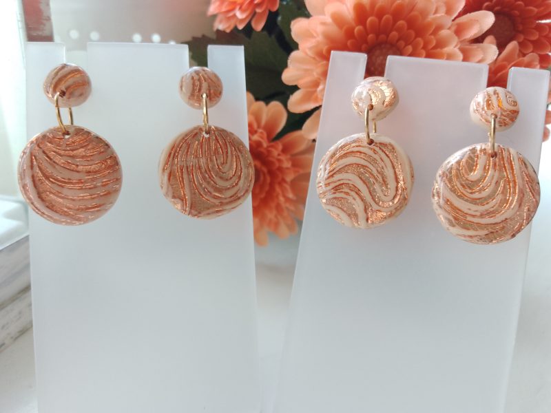 Handmade nude and rose gold swirl polymer clay dangle drop earrings