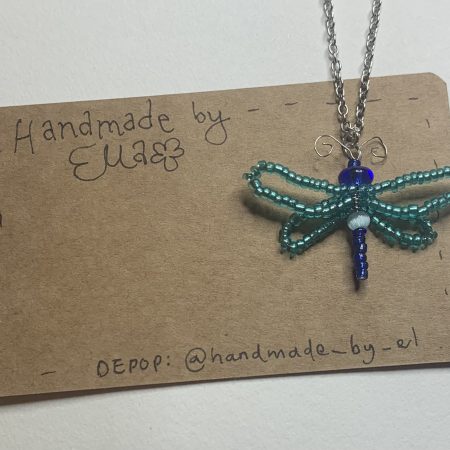 Handmade beaded wire-work dragonfly necklace on stainless steel chain