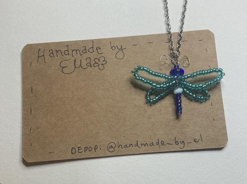 Handmade beaded wire-work dragonfly necklace on stainless steel chain
