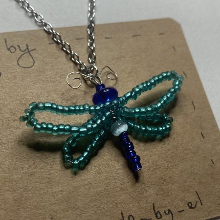 Handmade beaded wire-work dragonfly necklace on stainless steel chain