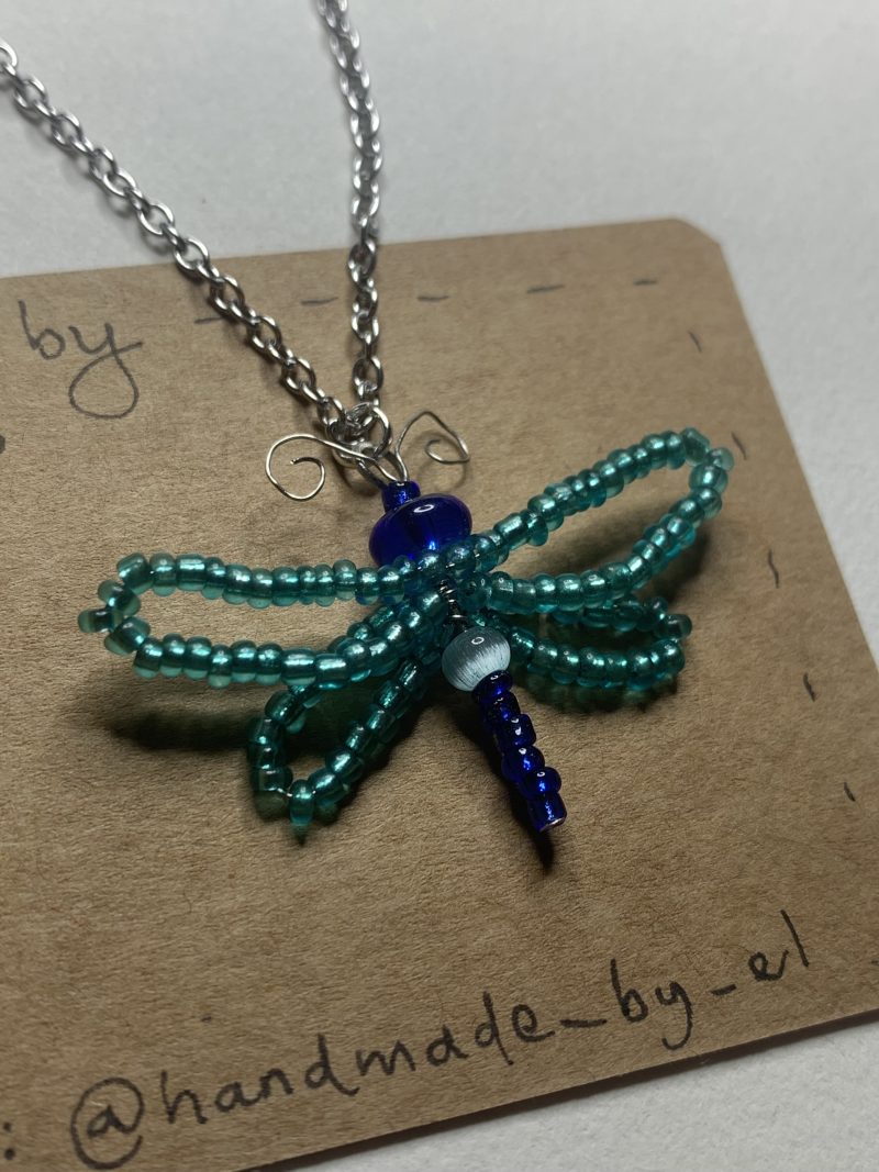 Handmade beaded wire-work dragonfly necklace on stainless steel chain