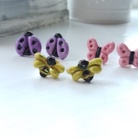 Trio of handmade nature stud earrings bee ladybird butterfly