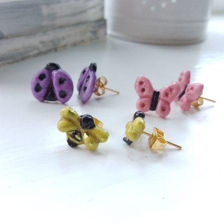 Trio of handmade nature stud earrings bee ladybird butterfly