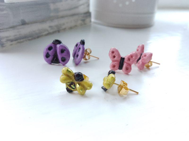 Trio of handmade nature stud earrings bee ladybird butterfly
