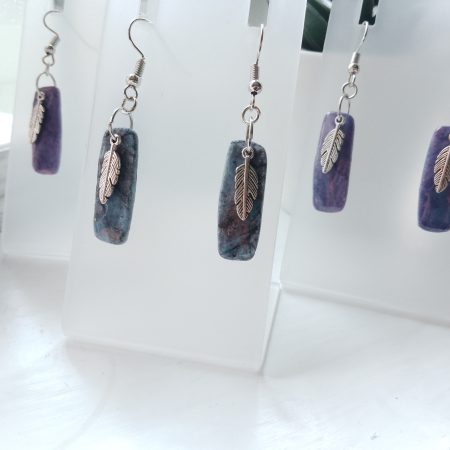 Handmade marble effect dangle drop earrings with silvery feather charm