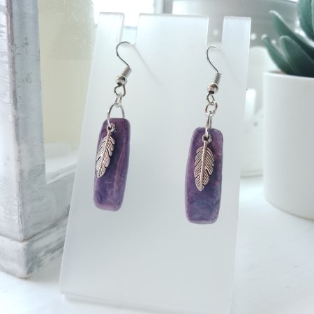 Handmade marble effect dangle drop earrings with silvery feather charm