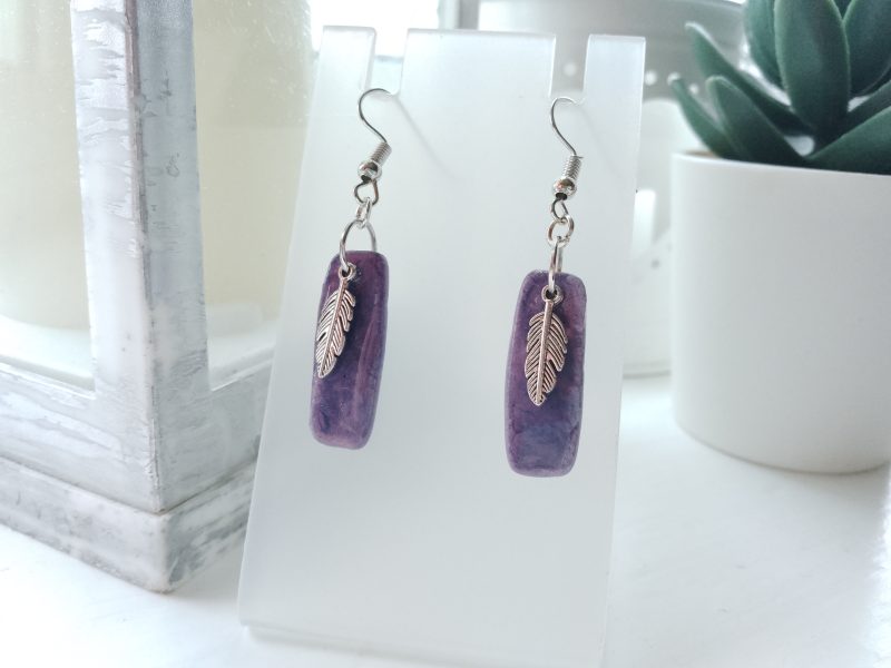 Handmade marble effect dangle drop earrings with silvery feather charm