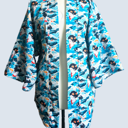 Blue japanese style Geisha print cotton kimono jacket