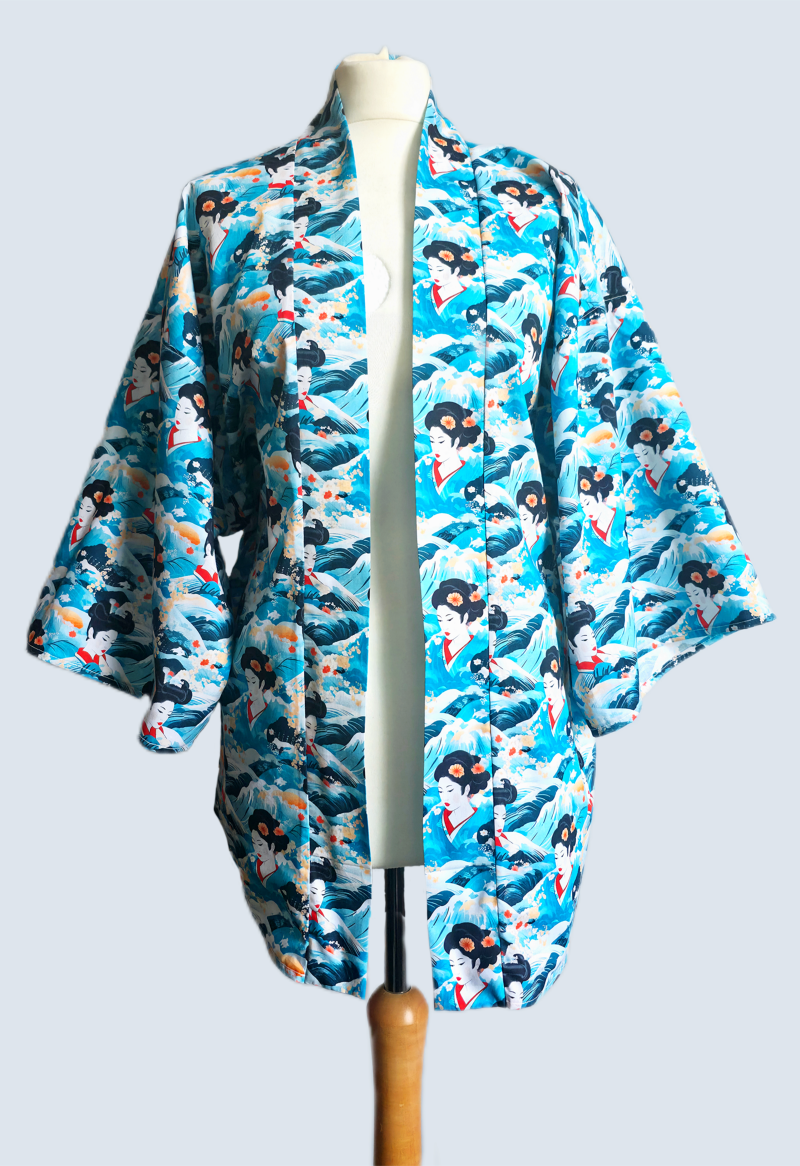 Blue japanese style Geisha print cotton kimono jacket
