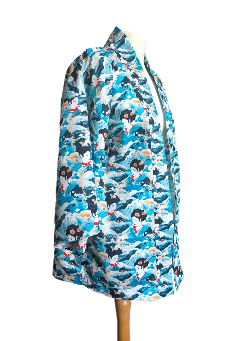 Blue japanese style Geisha print cotton kimono jacket