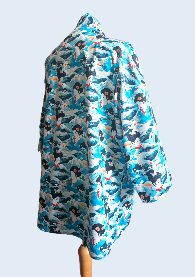 Blue japanese style Geisha print cotton kimono jacket