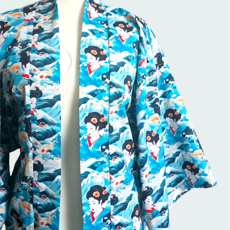 Blue japanese style Geisha print cotton kimono jacket
