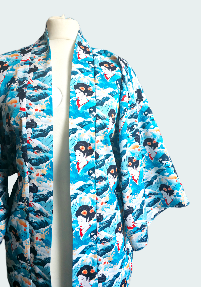 Blue japanese style Geisha print cotton kimono jacket