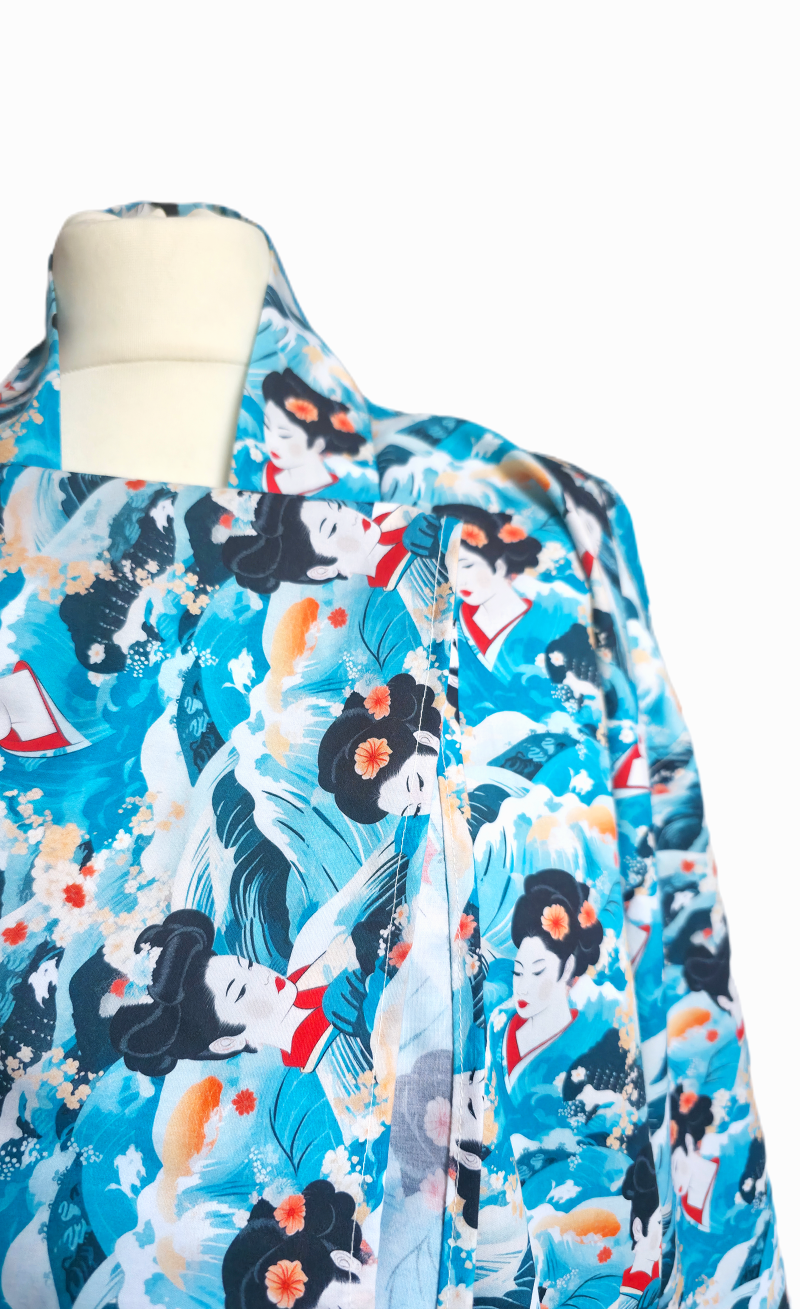 Blue japanese style Geisha print cotton kimono jacket