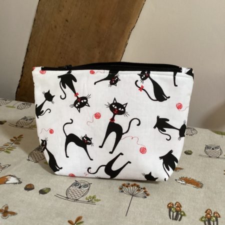 Medium Size Make Up Bag/Pouch Lined Zipped featuring Quirky Black Cat on a White Background