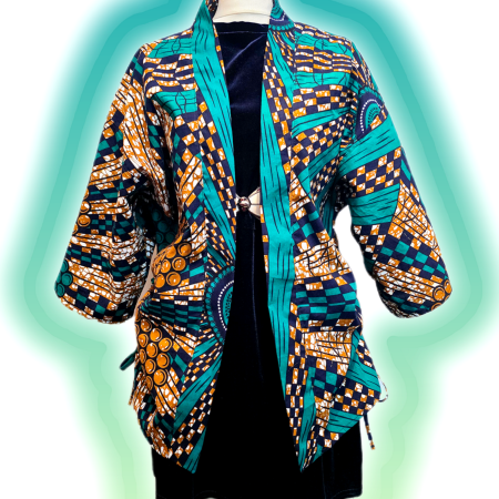Green, brown and black African abstract print kimono jacket