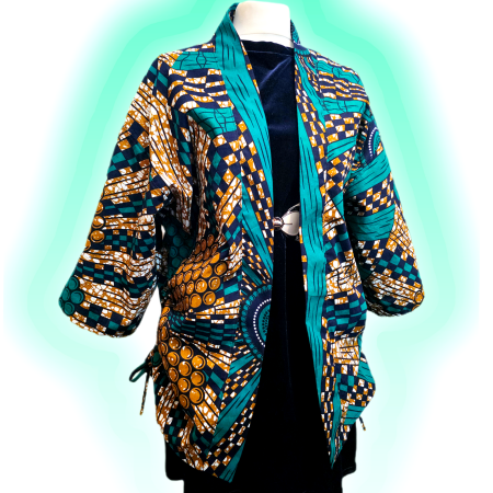 Green, brown and black African abstract print kimono jacket