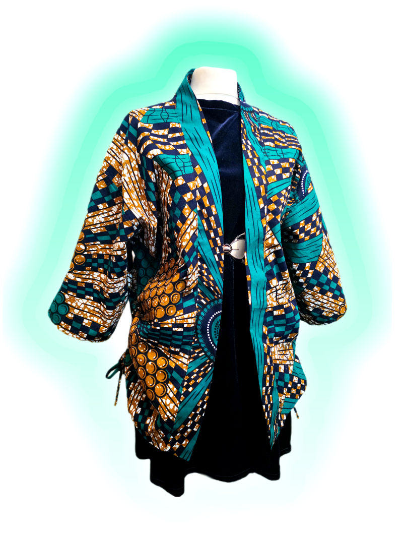Green, brown and black African abstract print kimono jacket