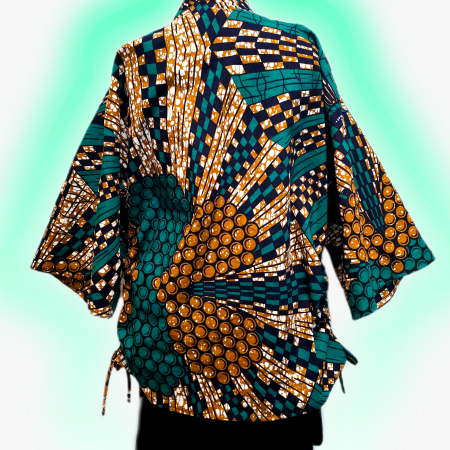Green, brown and black African abstract print kimono jacket