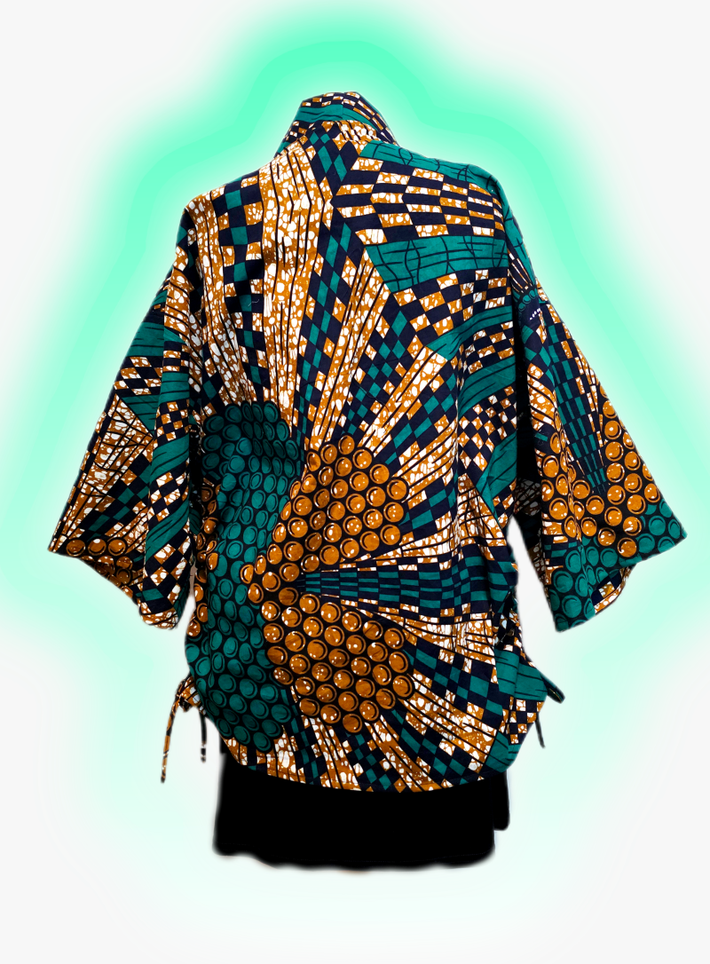 Green, brown and black African abstract print kimono jacket