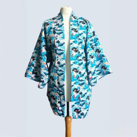 Blue japanese style Geisha print cotton kimono jacket