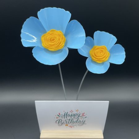 Hand crafted blue and yellow metal flowers with birthday card and stand