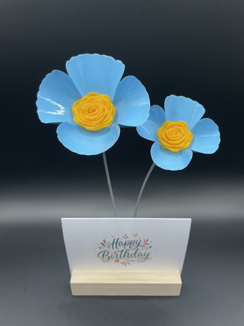 Hand crafted blue and yellow metal flowers with birthday card and stand
