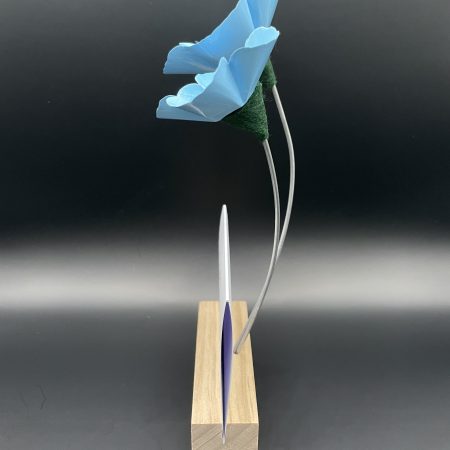 Hand crafted blue and yellow metal flowers with birthday card and stand