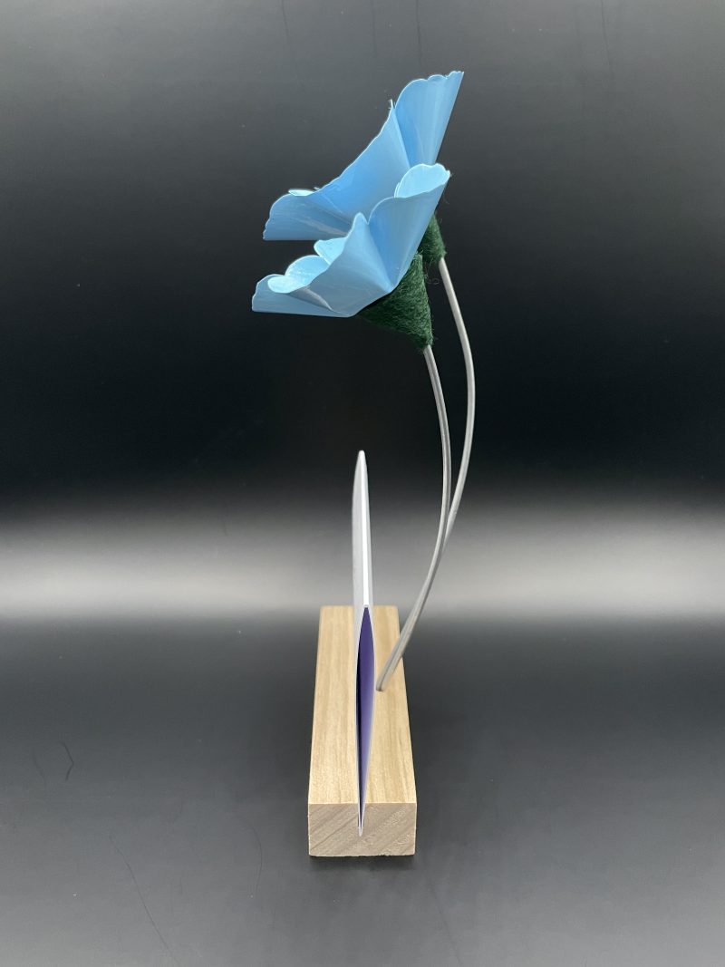 Hand crafted blue and yellow metal flowers with birthday card and stand